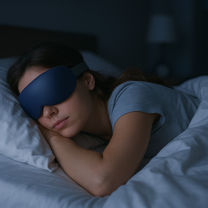 masque sommeil femme dort sur le ventre