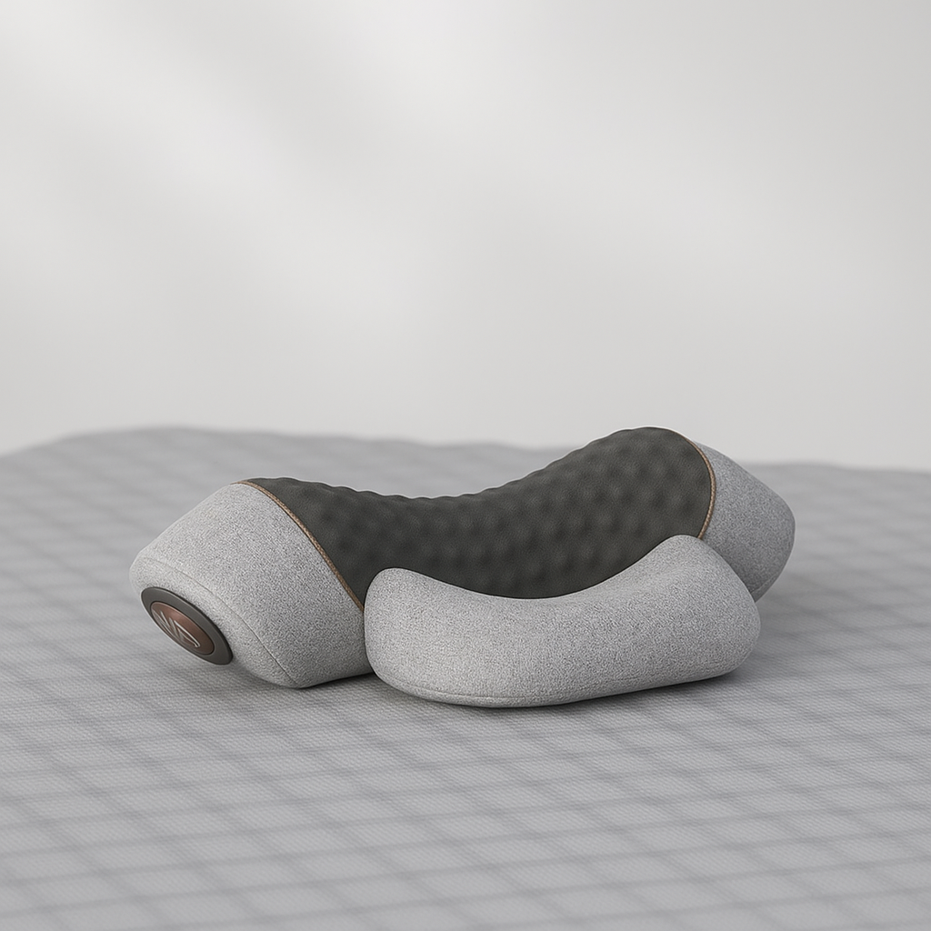 oreiller ergonomique gris sur lit